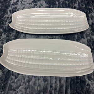 WHITE STONEWARE CORN ON THE COB HOLDERS SET OF TWO